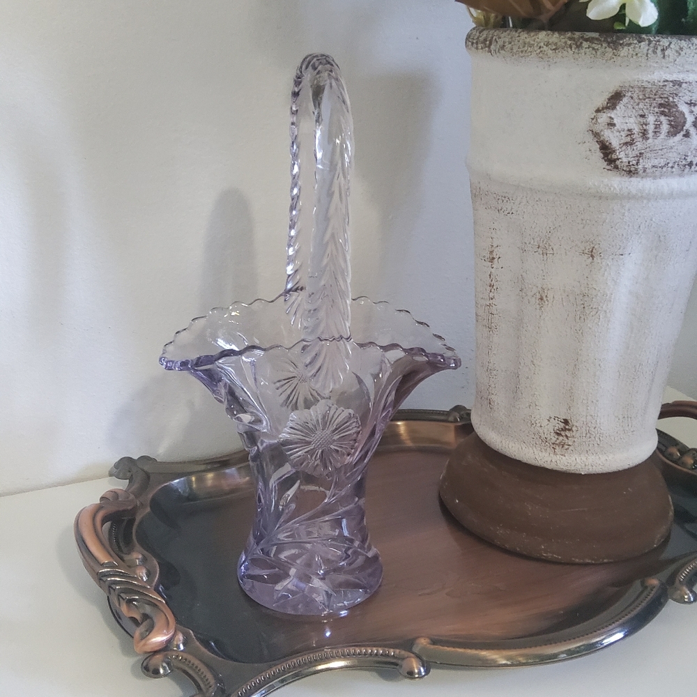 Vintage Light Purple Cut Glass Brides Basket